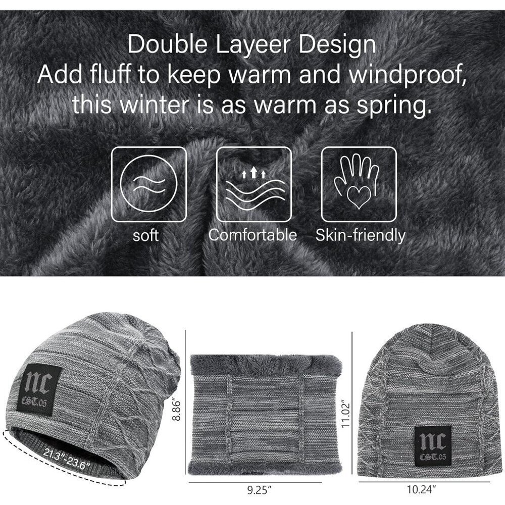 Men Women NC Grey Winter Beanie Hat Scarf Set Warm Fleece Lined Set Gear - Picture 4 of 5